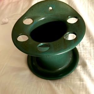 Vintage  clay/ceramic toothbrush/razor holder /forest green glaze/hang /stand